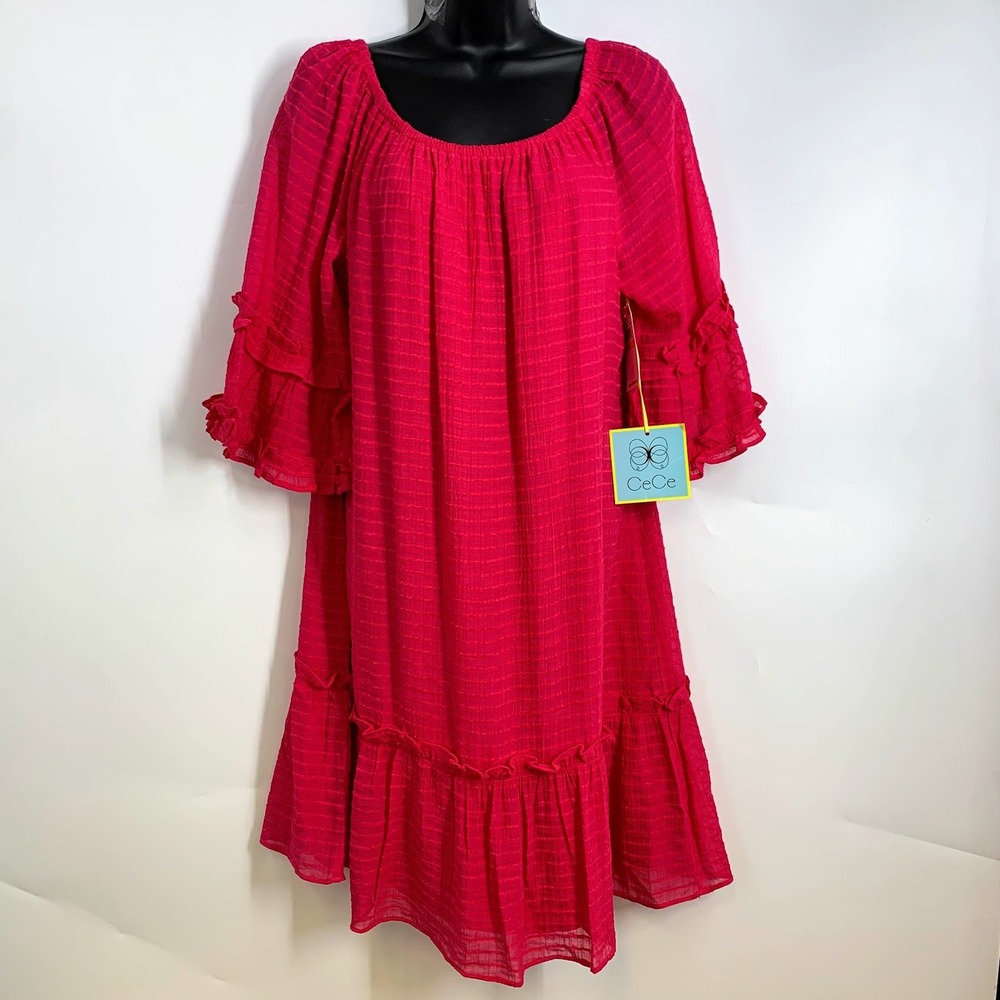 CeCe Ipanema Stroll Rose Cerise Pink‎ Ruffle Tiered Dress Women's M